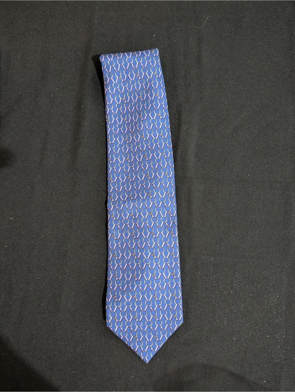 Longchamp Silk Neck Tie Equestrian Ring Print on Royal Blue France